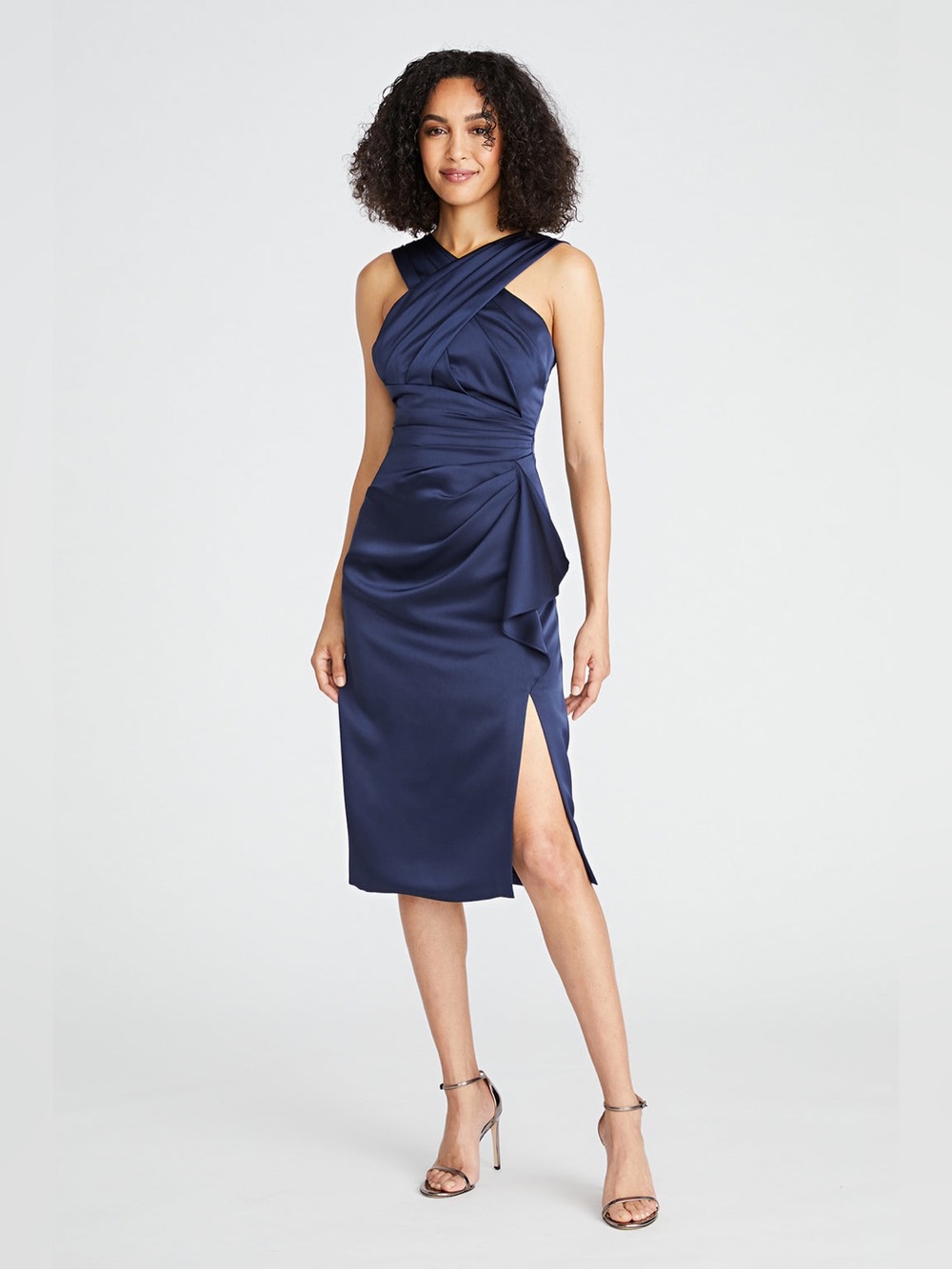 Theia Tierra Navy Satin Cross-Shoulder Ruched Midi Dress with Side Slit